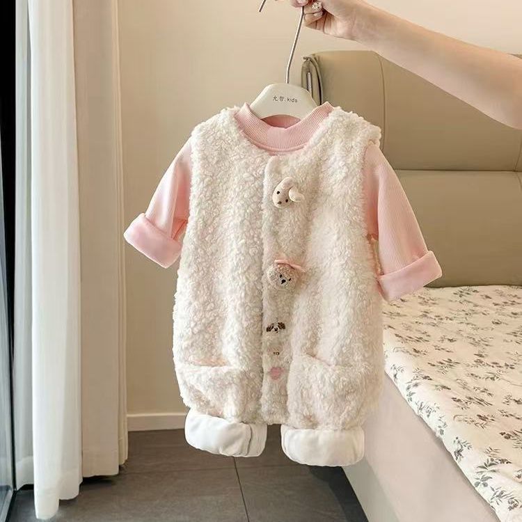 Winter baby outfit set - new girls' overalls two-piece set - autumn/winter romper - fleece-lined baby crawling suit