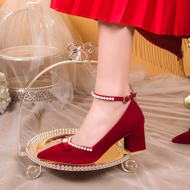 Bridal shoes 2022 new arrival red high heels french wedding shoes xiuhe wedding dress two-wear thick heel flats