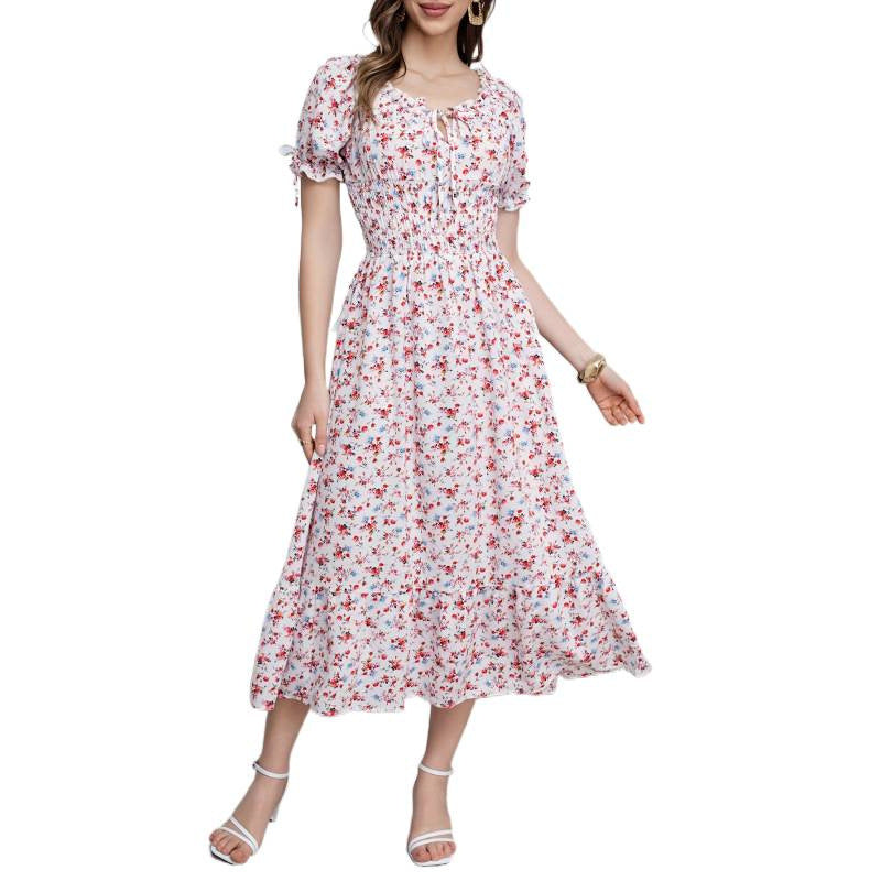 listing: new  women's original elegant ruffle tie-back printed dress
