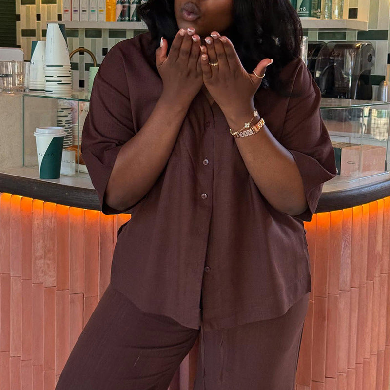 European and american women's clothing  autumn new collection: sweet and fresh v-neck five-sleeve blouse and high-waisted straight-leg pants two-piece set
