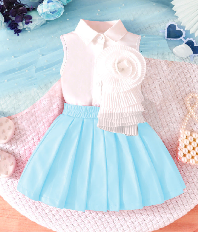 cross-border exclusive: new autumn collection - sleeveless blouse with floral accents + pu leather skirt set - hot seller!