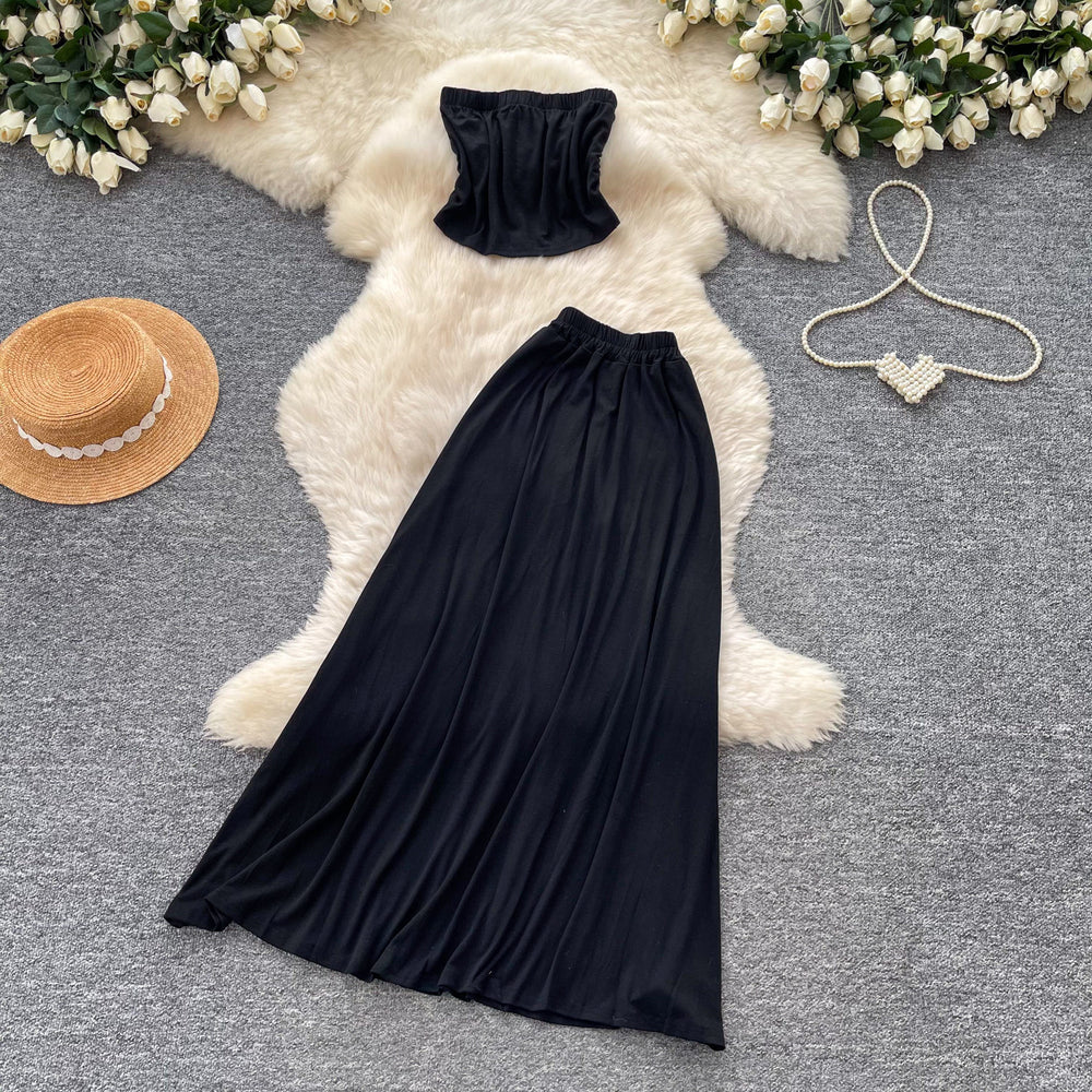 French riviera style halter top two-piece set: women's summer bandeau top & high-waisted midi skirt - slimming, chic, and fashionable outfit