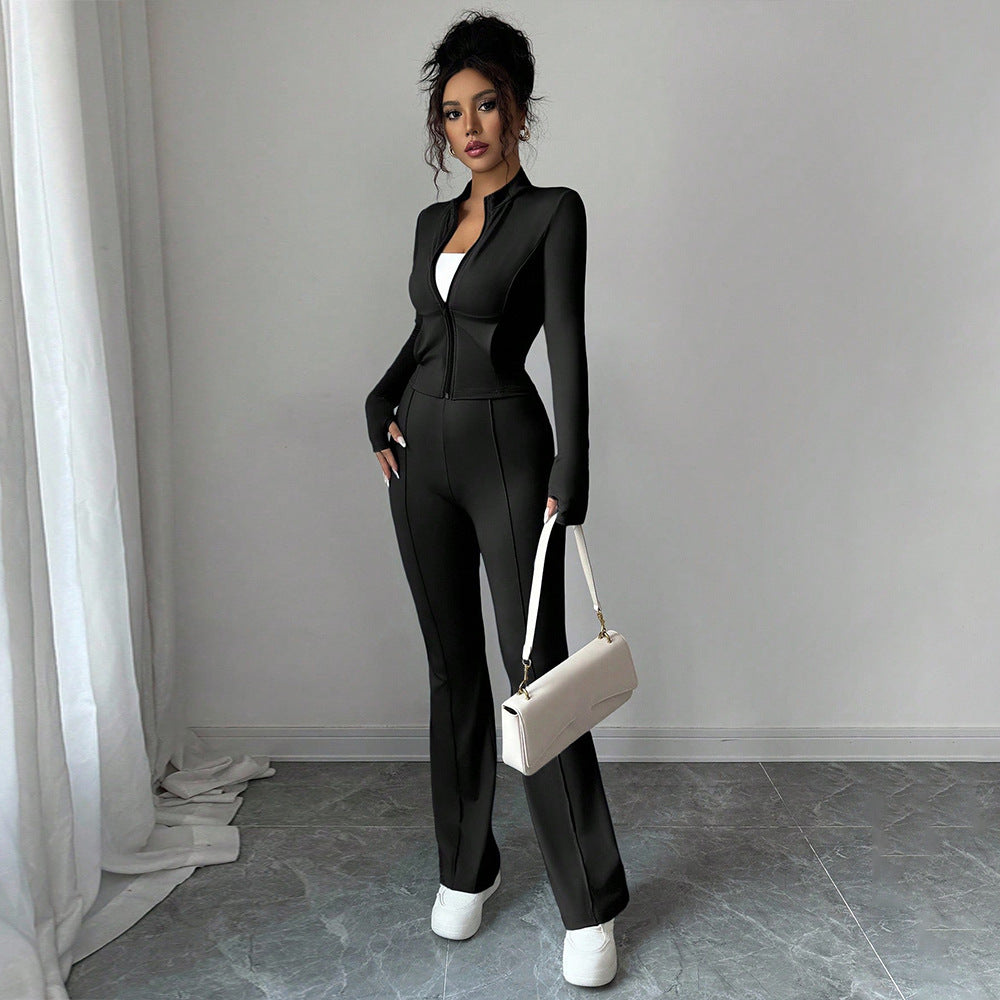 European and american cross-border e-commerce black slim-fit zip-up stand collar top and flare pants fashion two-piece set for women