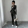 European and american cross-border e-commerce black slim-fit zip-up stand collar top and flare pants fashion two-piece set for women