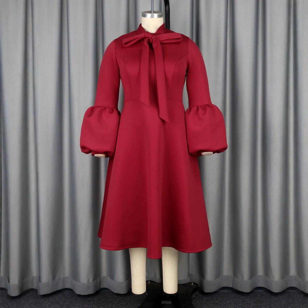 Fall and winternew arrivalbows stand collar puff sleeve large hem skirt retroelegance waist a hem party dress dres