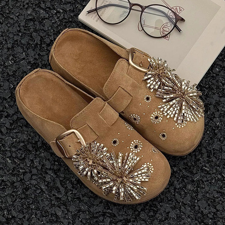 Beautiful rhinestone fireworks bokenflats women's outwear2026new arrival thick sole toe-cap half-toe mules shoes