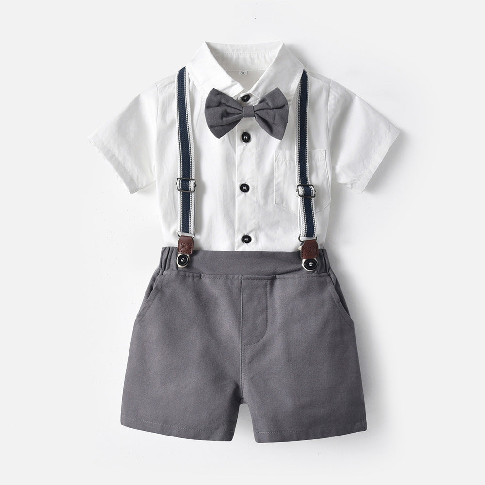 Kids' summer gentleman outfit: baby boy short-sleeve shirt & suspender pants two-piece set, boy's shirt, first birthday dress