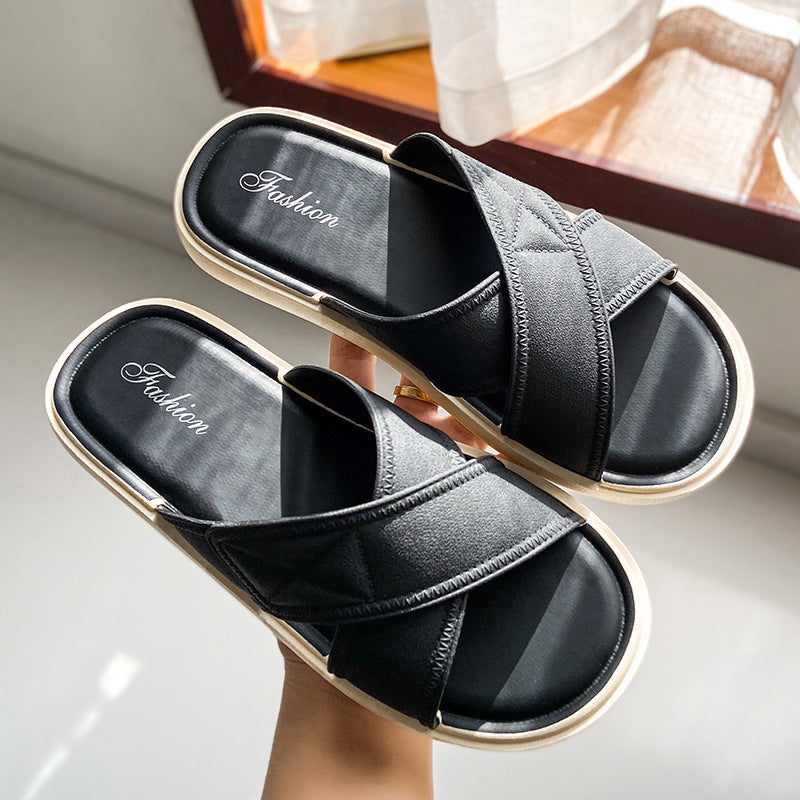 Women's summer new fashion slippers - stylish outdoor wear, single strap crossover, flat sandals, home indoor beach anti-slip slippers