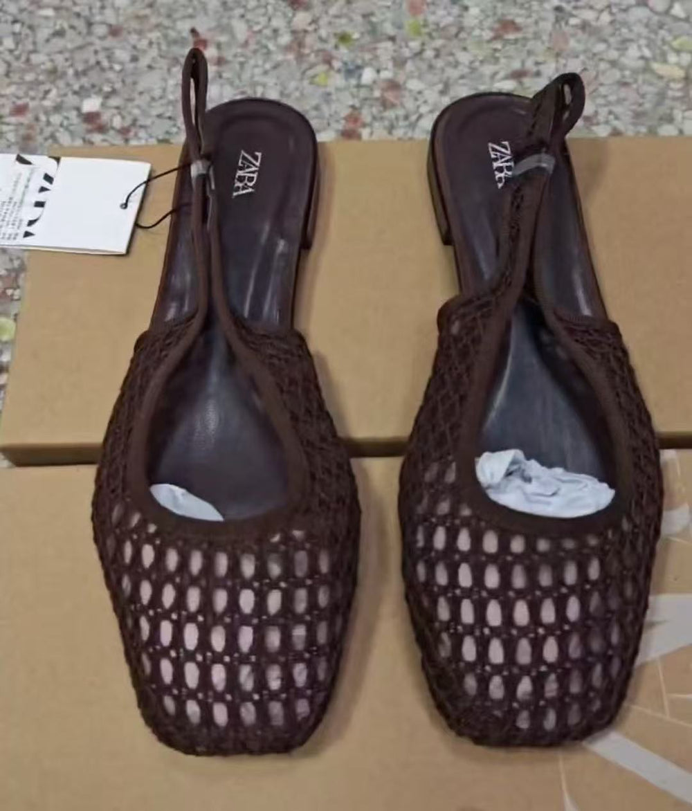 Za korean style mesh fishnet closed-toe sandals women's 2025 new summer niche flat backless sandals single shoes women
