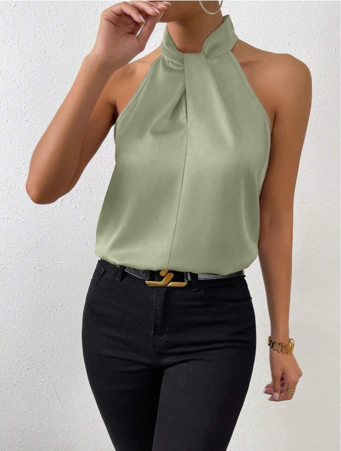 summer new arrivals: european and american style satin halter neck sleeveless tank top, faux silk satin top - ready stock wholesale