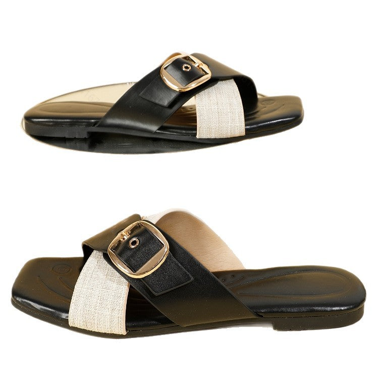 2025 summer new women's flat sandals - leather strap outdoor slides - black thong sandals