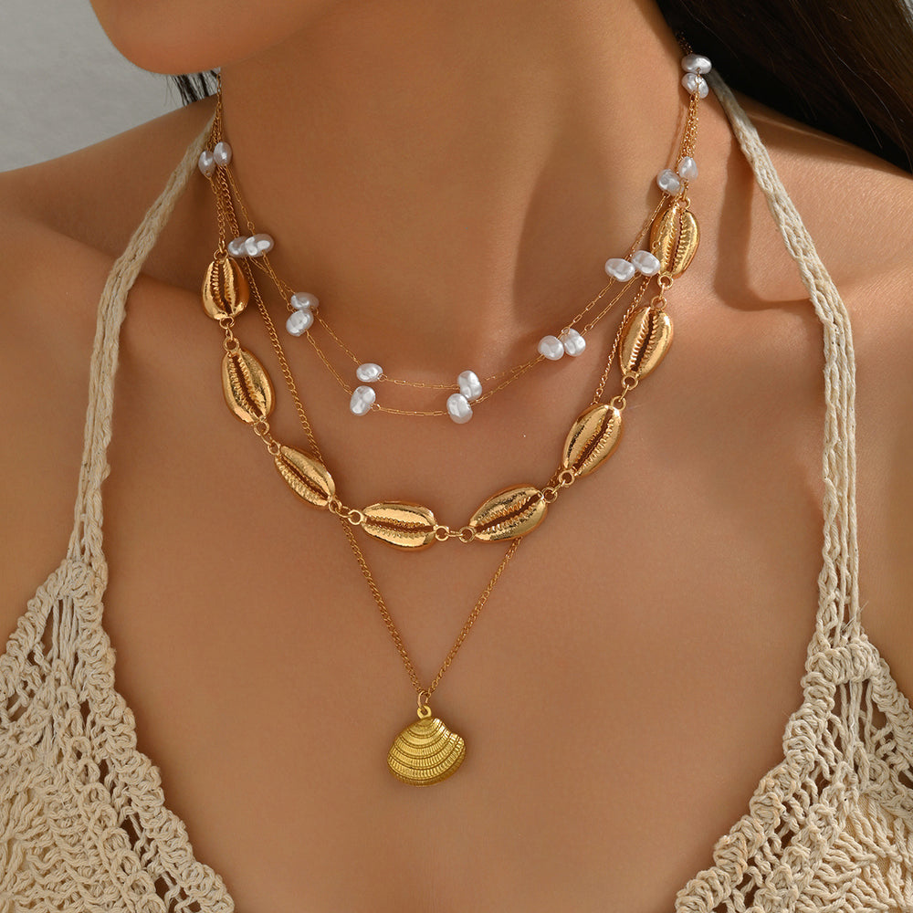 Wholesale seashell necklaces - cross-border, light luxury, high-end summer metal pendant women's fashion multi-layer vacation style choker necklace