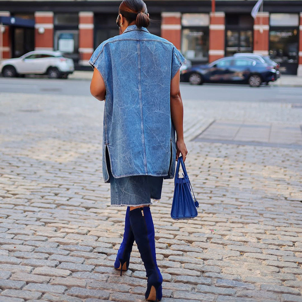 European and american style women's casual denim jacket -  cross-border fashion sleeveless denim vest jacket