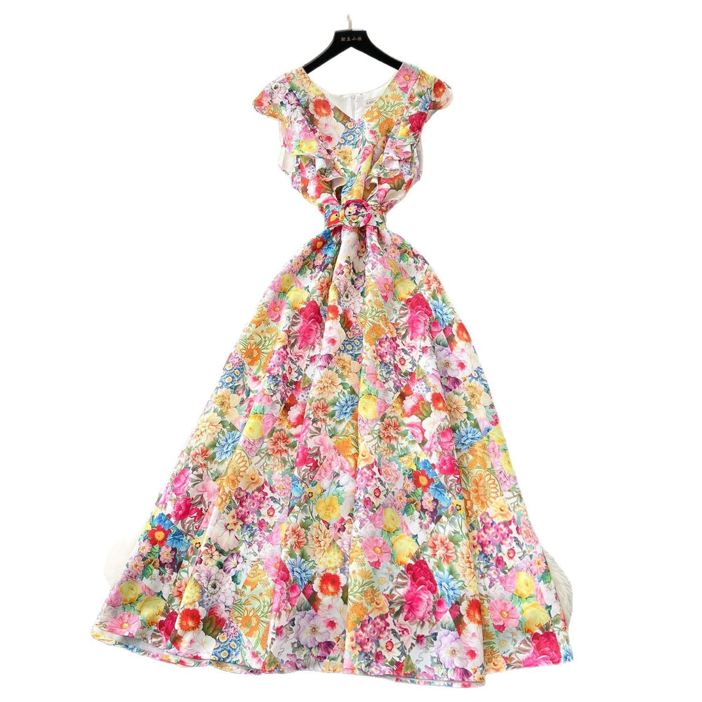 Frenchromantic atmosphere printing sleeveless dress female ruffles belt slimming look design elegant fairy long skirt