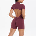 Large backless half open zipper short sleeve yoga jumpsuit dance fitness jumpsuit nude tight sports jumpsuit