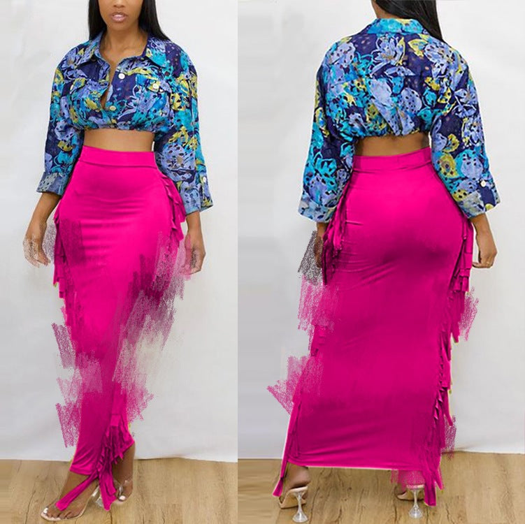 European and american export women's clothing:  casual sexy side-slit irregular tassel solid color butt-lifting midi skirt