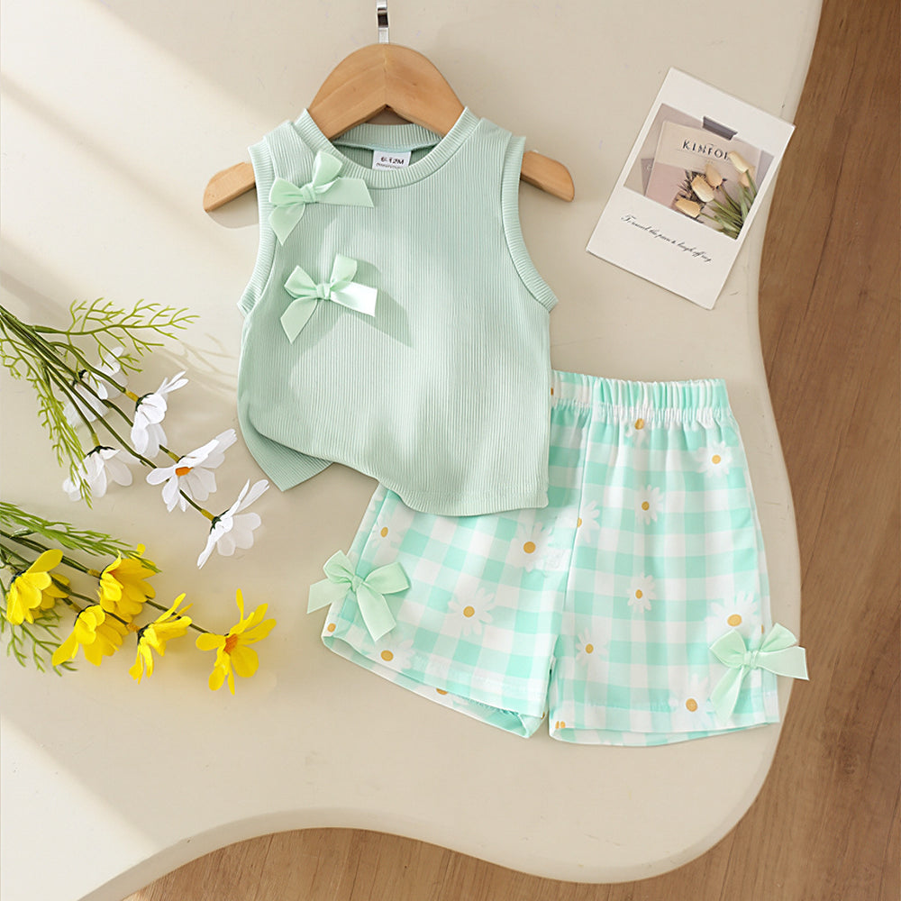 Baby clothing kids set children outfit green vest + shorts two-piece set