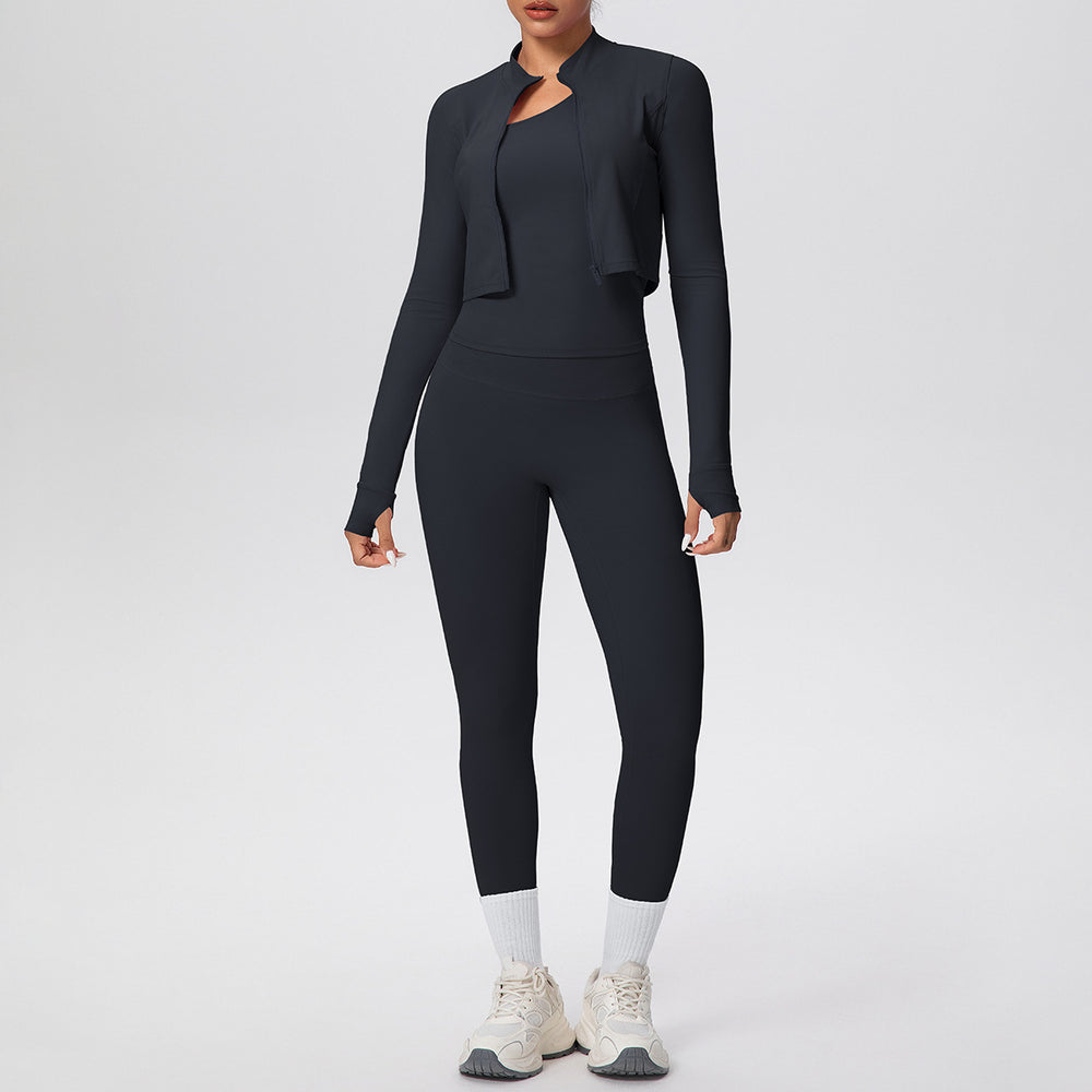 Cloud-feel quick-dry zip-up jacket high-waisted yoga leggings set - outdoor casual running fitness activewear 3-piece set