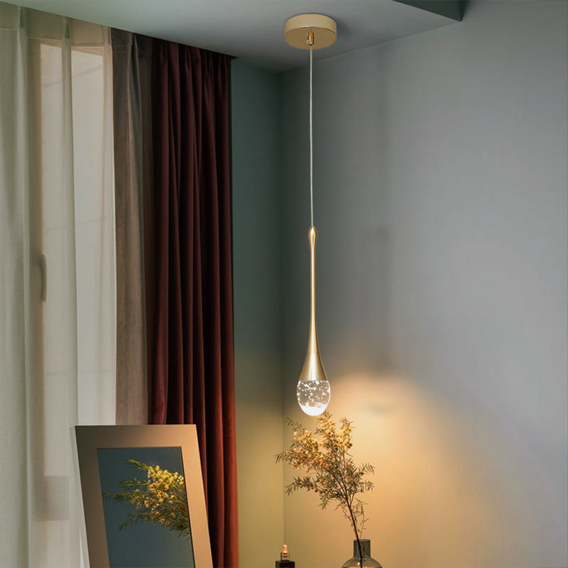 Light luxury single-head small chandelier golden water drop bench round hanging lamp modern bedroom bedside bar restaurant hotel