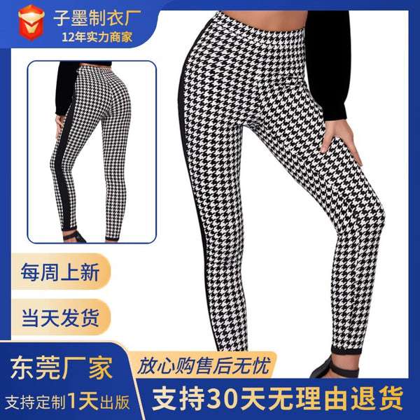 European and American  thousand bird grid trousers sports mid-waist leggings color matching women show thinness spring and autumn new  wholesale