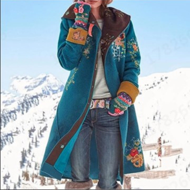 fall/winter new european and american style women's outerwear - -ready mid-length printed top, long sleeve dragon and phoenix wool blend coat