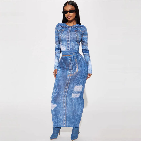 European and American new two-piece set, denim print crew neck long-sleeved top, slim-fitting hip-wrapped long skirt set