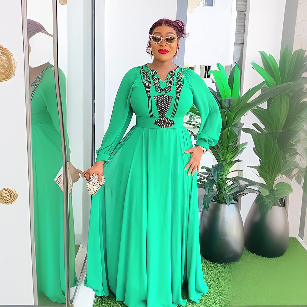 New long-sleeved african plus size women's dress - elegant & chic,  cross-border e-commerce, chiffon v-neck rhinestone embellished dress