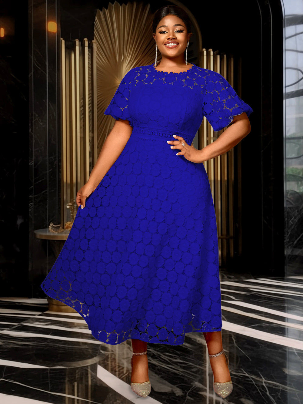 african plus size round neck lace puff sleeve dress high waist silma swing banquet evening dress dress