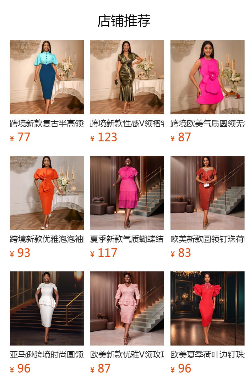Am041040 african plus size elegant women's dress - square neck pearl detail slit midi dress