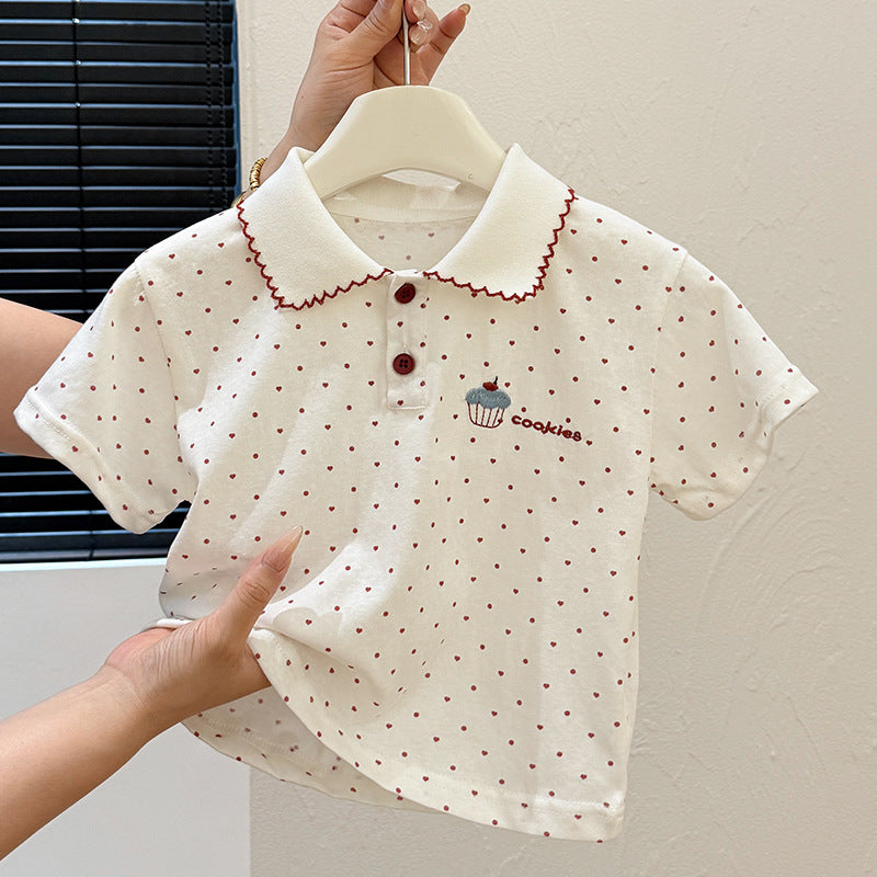Summer new korean style girls' all-over print heart & dot t-shirt top - stylish & trendy kids' clothing for baby girls
