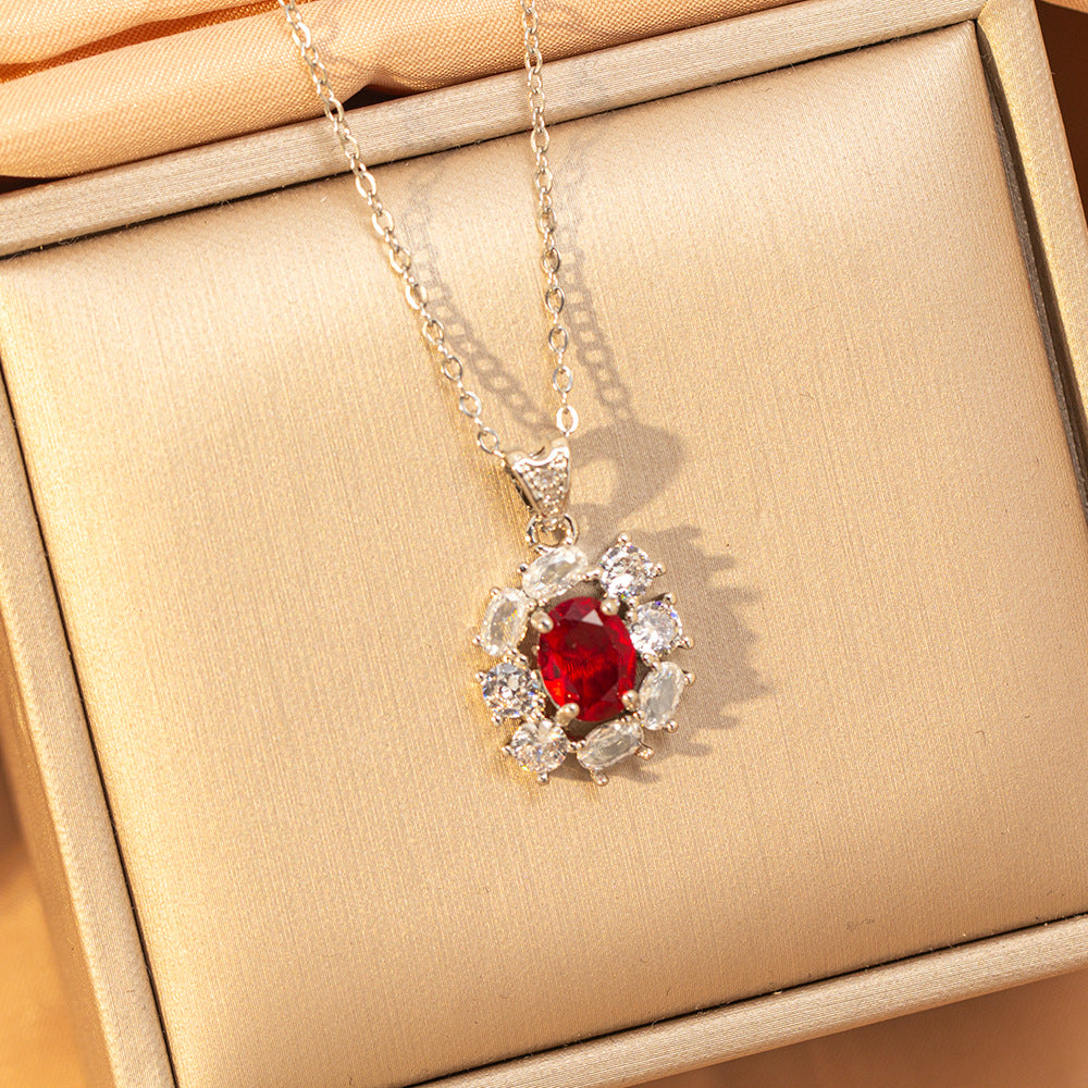 【titanium steel】copper inlaid zircon light luxury new style ruby necklace women's high-end fashion versatile elegant sweater chain jewelry