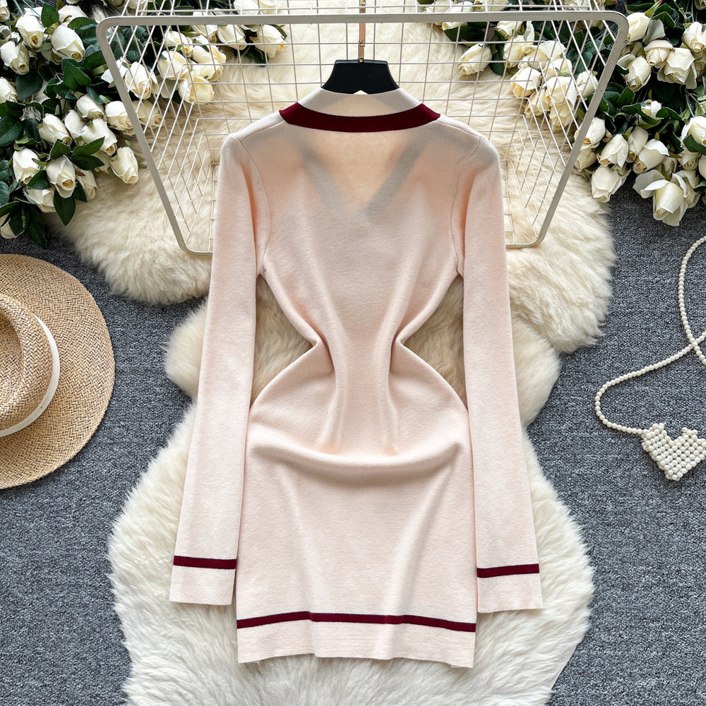 Xiaoxiangfengclassy contrast colorbows strappy long sleevesdress women's metal buckle waist slimming lookknitting short skirt