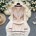 Xiaoxiangfengclassy contrast colorbows strappy long sleevesdress women's metal buckle waist slimming lookknitting short skirt