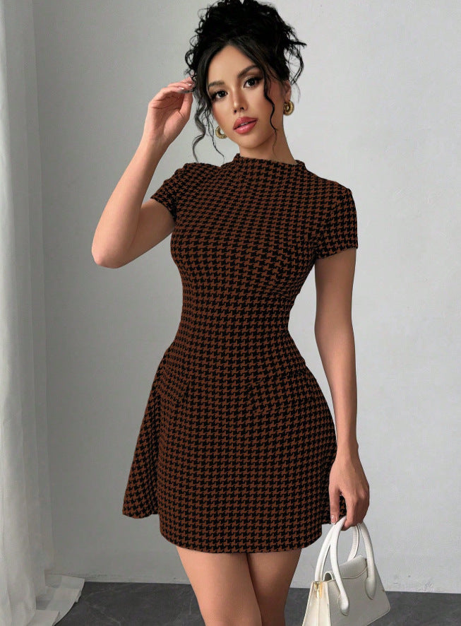 independent station new arrivalfashionelegant silmslimming look round neck beaded grids pattern tweed style mini dress for women