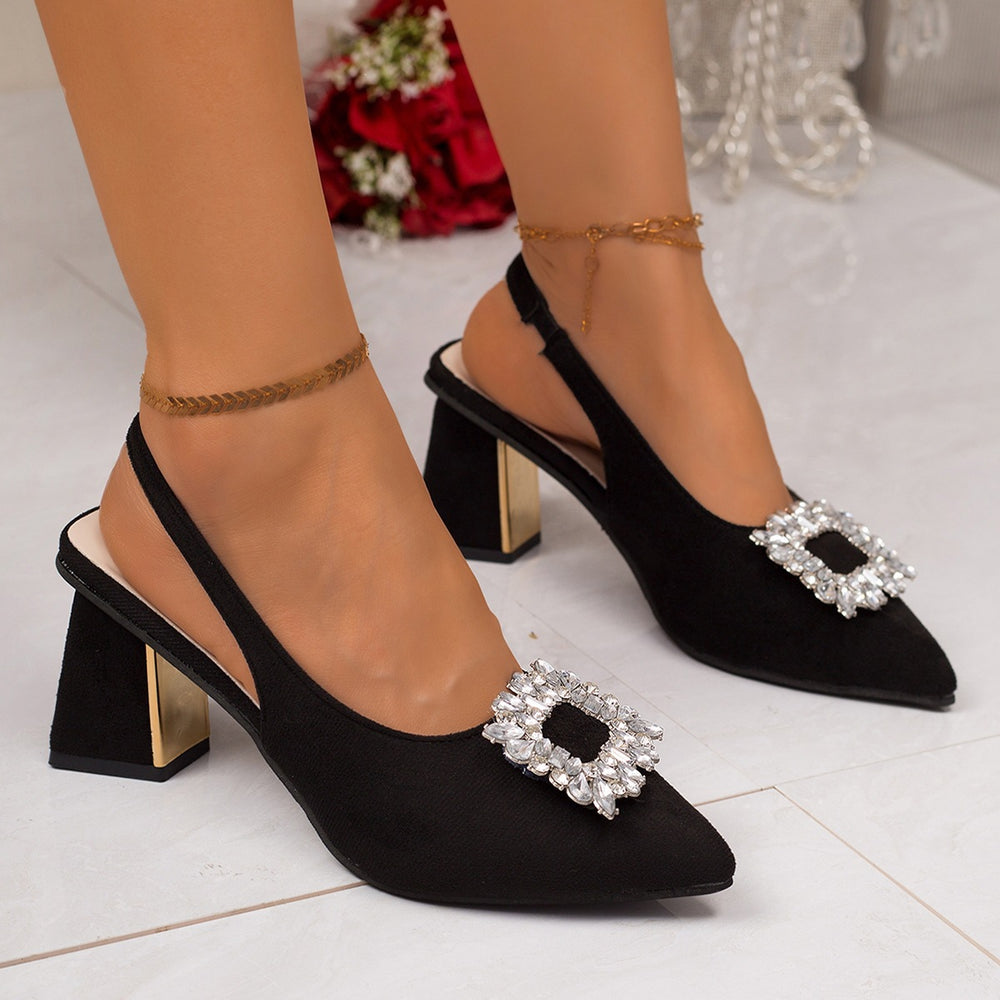43 cross-border foreign trade pointed toe square buckle rhinestone high heel sandals women's 2026 summer new suede thick heel toe sandals