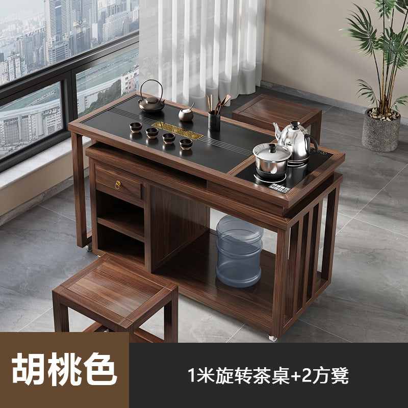 New chinoiserie solid wood tea table rotate table and chair complete set of water kettle all-in-one tea table balcony living room small apartment coffee table