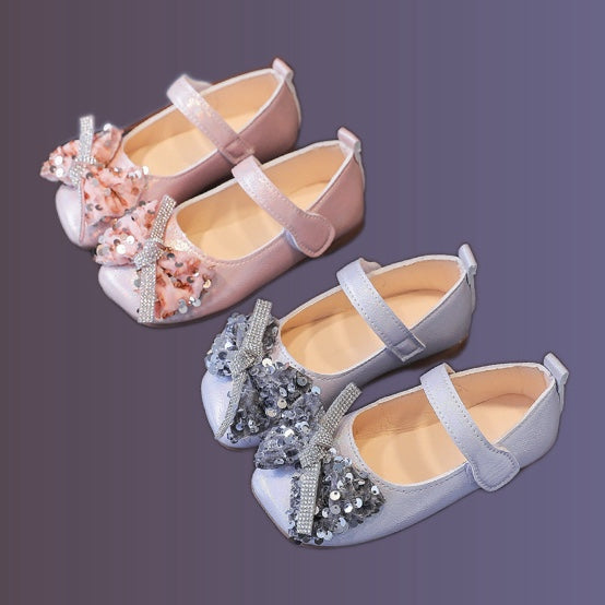 Girls' single shoes for kids, spring/autumn  collection: princess shoes for girls (mid-to-large size), korean style soft sole leather shoes with bow detail, perfect for performances