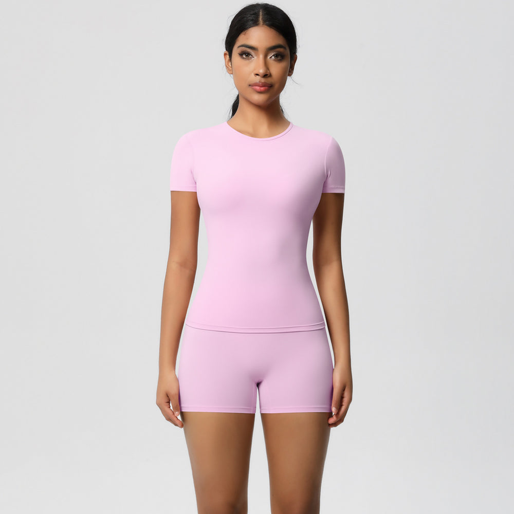 European and american nude feel tight-fitting short-sleeve t-shirt yoga outfit high-waisted butt-lifting quick-dry shorts running sports fitness set for women