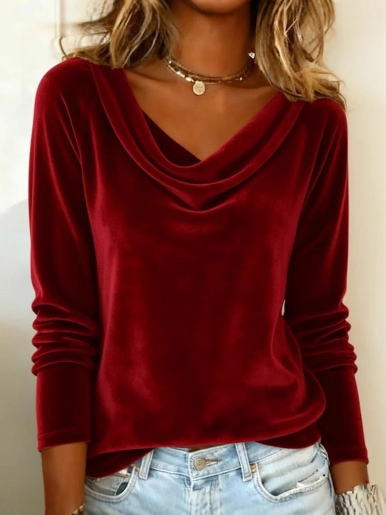 fashion women's solid color scoop neck long sleeve sexy velvet t-shirt - new arrivals for us & european cross-border  & independent stores