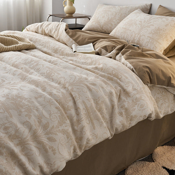 ins wind three-layer yarn pure cotton four-piece jacquard cotton quilt cover bed hat washed cotton sheets bedding wholesale