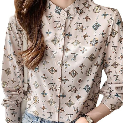 Real shot 2024 autumn French Hepburn style silk printed shirt femininity stand-up collar light luxury retro fashion shirt