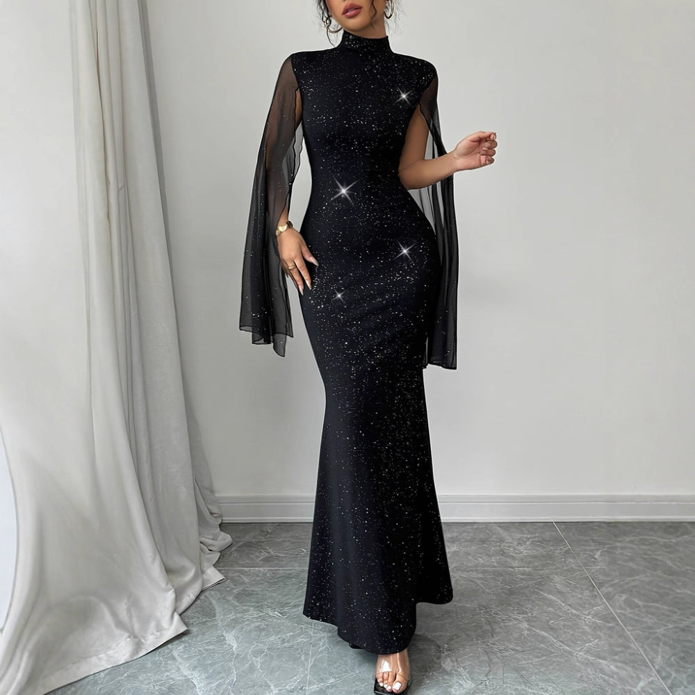 european and american women's clothing: spring/autumn stand collar sparkling cape patchwork bodycon evening gown