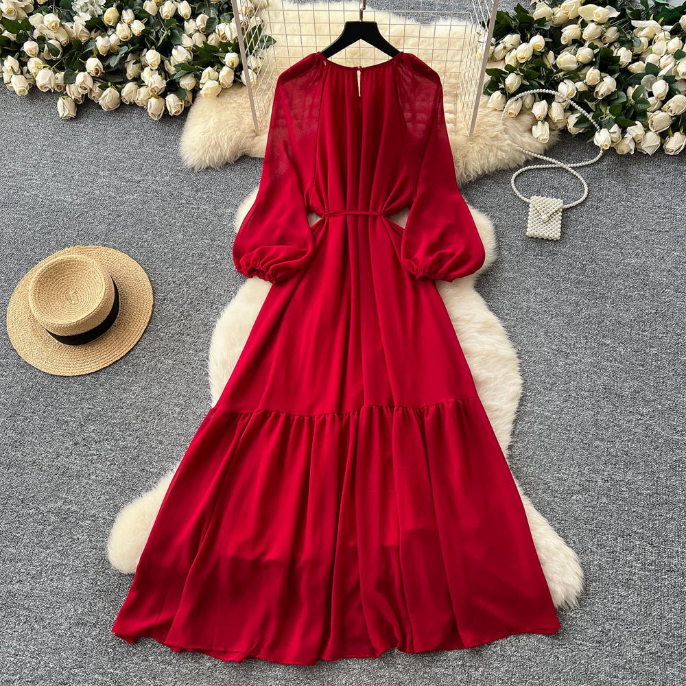 French chic embroidered sequin floral tie-waist lantern sleeve maxi dress - high-end women's fashion