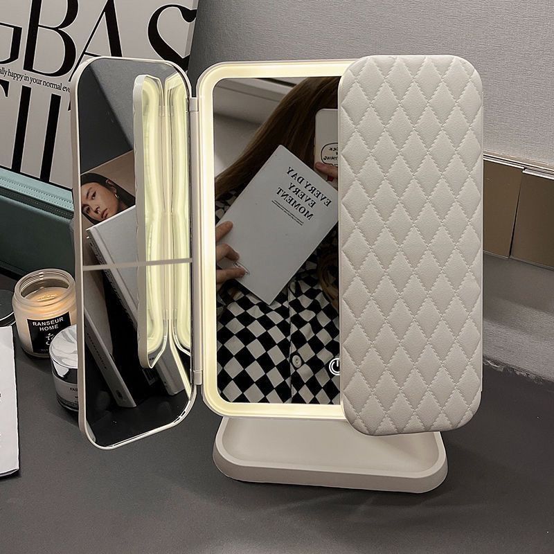 LED desktop makeup mirror 2-in-1 shell three-sided storage box folding dressing mirror smart fill light beauty mirror