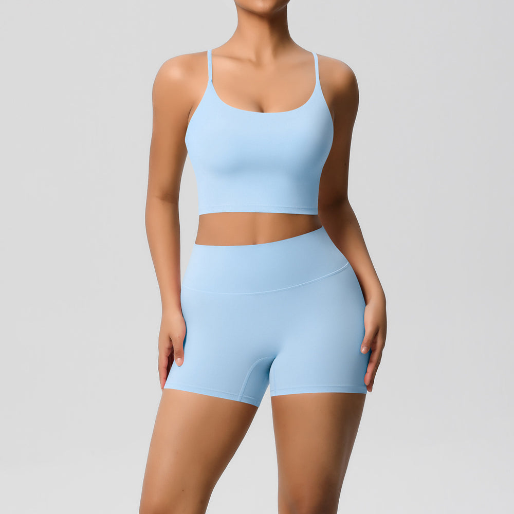 New arrival: cross-border brushed solid color racerback compression breathable yoga set - women's activewear running & fitness shorts set