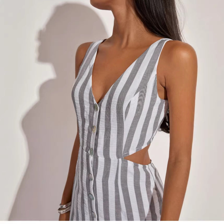 Wholesale foreign trade  summer european and american fashion v-neck striped versatile v-neck dress