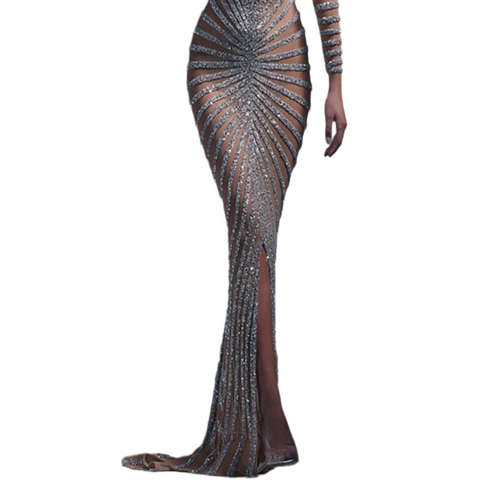 spring new arrivals: european and american fashion rhinestone embellished women's mesh evening gown, long sleeve slit maxi dress