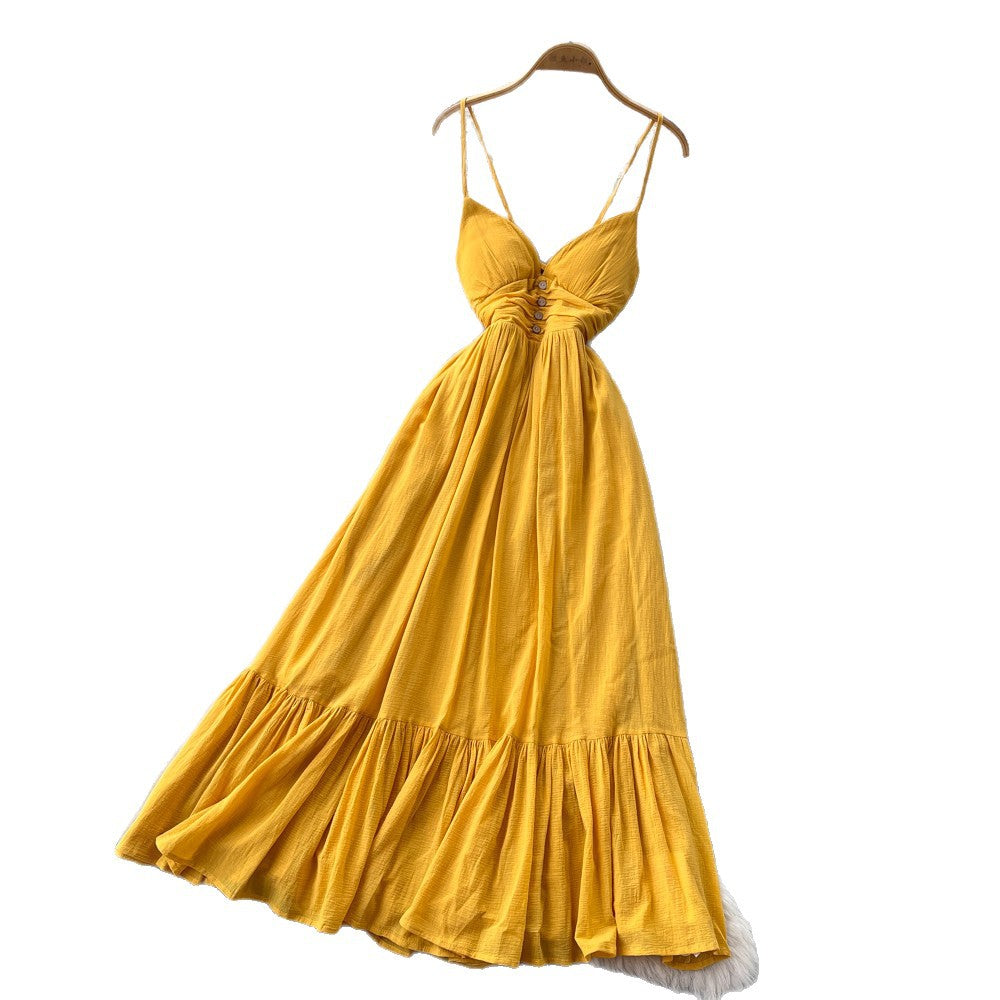 French yellow camisole sexy backless dress - women's summer korean style high waist ruffle trim slimming vacation maxi dress