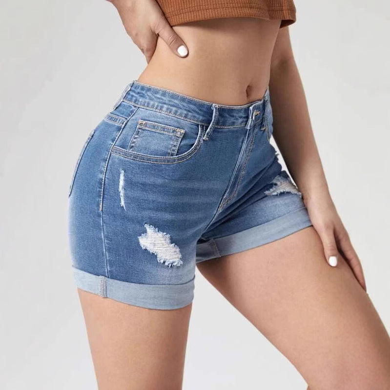 Amazon distressed denim shorts for women - summer hot seller, ins trendy high-waisted rolled hem shorts, washed stretch jeans