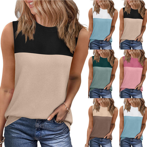 Europe and the United States  2025 summer new round neck color matching sleeveless top short sleeve vest women